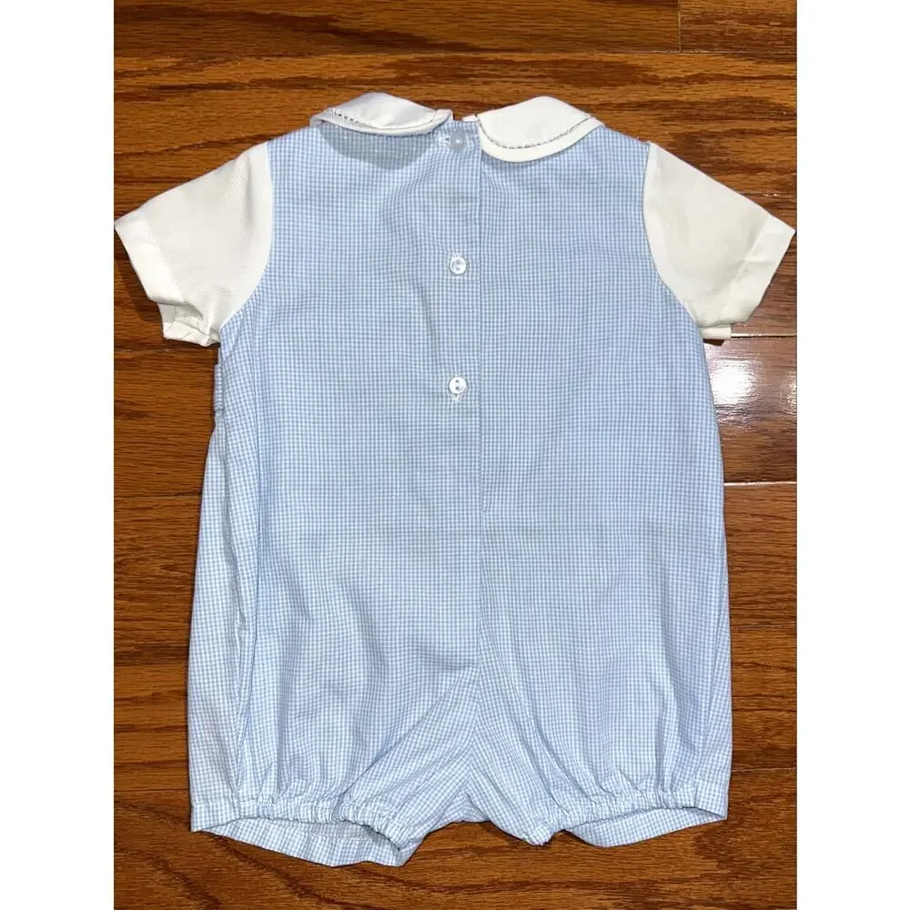 Petit Ami Baby Boys Blue Gingham Side Tab Peter Pan Collar Romper Size Newborn
